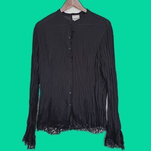 Vtg Fashion Bug Sheer Black Crinkle Button Down Blouse Lace Trim XL Goth Grunge